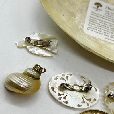 LOT 107: Unique Jewelry Collection Including Several Shell Art Pieces and Shell Art Tray