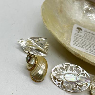 LOT 107: Unique Jewelry Collection Including Several Shell Art Pieces and Shell Art Tray