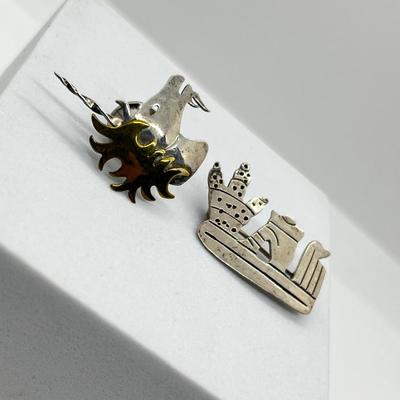LOT 111: 925 Taxco Mexican Cactus Siesta Brooch and Sterling Two Tone Unicorn Pin