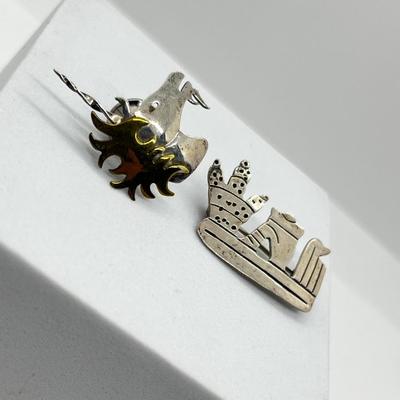 LOT 111: 925 Taxco Mexican Cactus Siesta Brooch and Sterling Two Tone Unicorn Pin