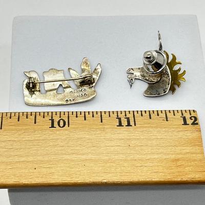 LOT 111: 925 Taxco Mexican Cactus Siesta Brooch and Sterling Two Tone Unicorn Pin