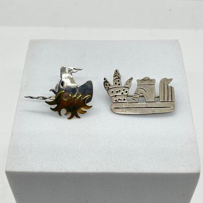 LOT 111: 925 Taxco Mexican Cactus Siesta Brooch and Sterling Two Tone Unicorn Pin
