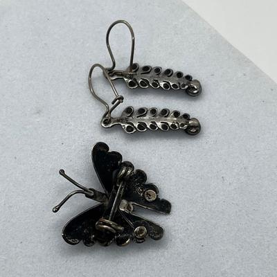 LOT 115: Sterling 925 Butterfly Pin and Feather With Turquoise Pierced Earrings - 4 GTW