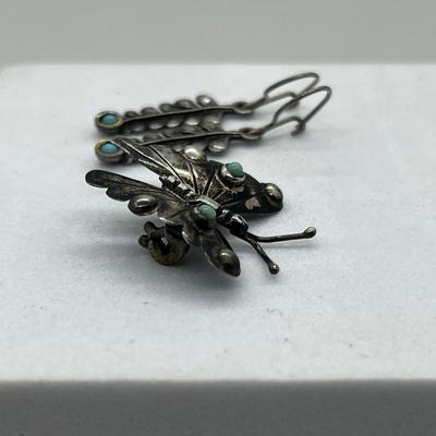 LOT 115: Sterling 925 Butterfly Pin and Feather With Turquoise Pierced Earrings - 4 GTW