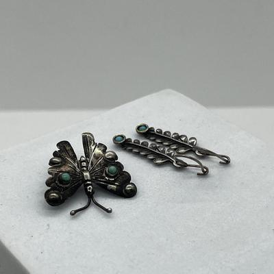 LOT 115: Sterling 925 Butterfly Pin and Feather With Turquoise Pierced Earrings - 4 GTW
