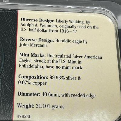 LOT 119: 2001 Silver Uncirculated Coin - 31.1 Grams