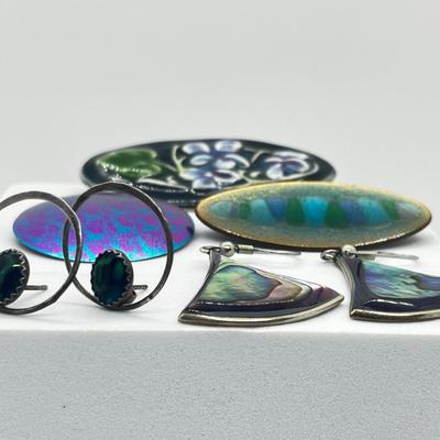 LOT 122: Three Artisan Signed Brooches and Two Pairs Pierced Earrings