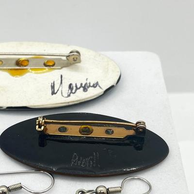 LOT 122: Three Artisan Signed Brooches and Two Pairs Pierced Earrings
