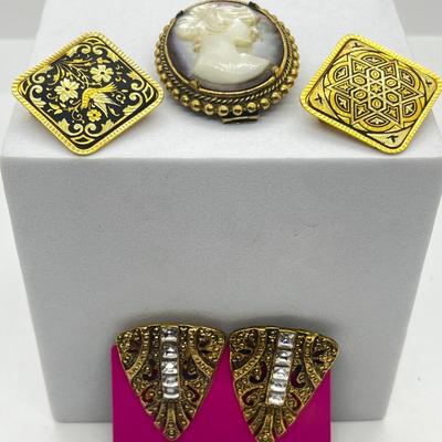 LOT 131: Two Damascene Square Brooches/Pins With Trombone Clasps, Cameo Brooch/Pin, and "Blue He" Shoe Clips