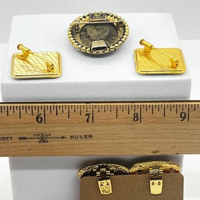 LOT 131: Two Damascene Square Brooches/Pins With Trombone Clasps, Cameo Brooch/Pin, and "Blue He" Shoe Clips