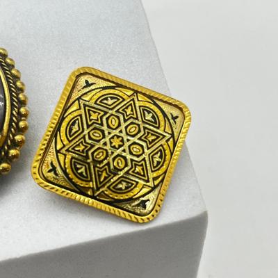 LOT 131: Two Damascene Square Brooches/Pins With Trombone Clasps, Cameo Brooch/Pin, and "Blue He" Shoe Clips