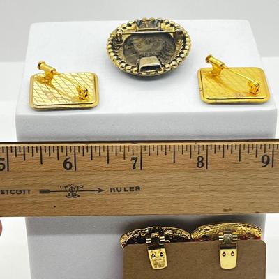 LOT 131: Two Damascene Square Brooches/Pins With Trombone Clasps, Cameo Brooch/Pin, and "Blue He" Shoe Clips