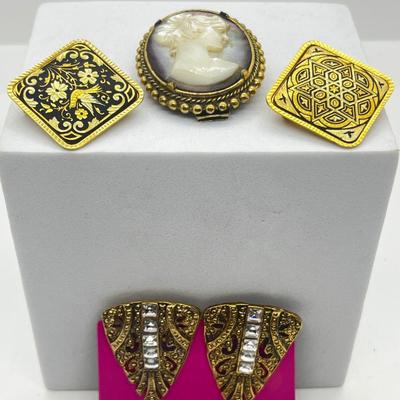 LOT 131: Two Damascene Square Brooches/Pins With Trombone Clasps, Cameo Brooch/Pin, and "Blue He" Shoe Clips