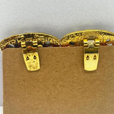 LOT 131: Two Damascene Square Brooches/Pins With Trombone Clasps, Cameo Brooch/Pin, and "Blue He" Shoe Clips