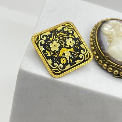 LOT 131: Two Damascene Square Brooches/Pins With Trombone Clasps, Cameo Brooch/Pin, and "Blue He" Shoe Clips