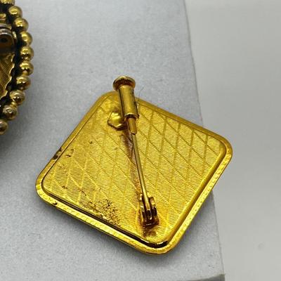 LOT 131: Two Damascene Square Brooches/Pins With Trombone Clasps, Cameo Brooch/Pin, and "Blue He" Shoe Clips