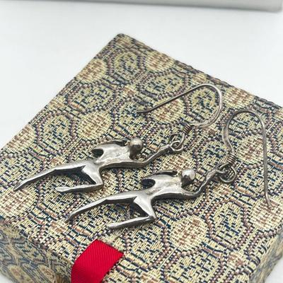 LOT 132: 925 Crawling Humans Sculptural Pierced Earrings and Sterling Pendant on 22" Cord In Unique Box