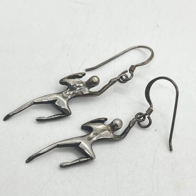 LOT 132: 925 Crawling Humans Sculptural Pierced Earrings and Sterling Pendant on 22" Cord In Unique Box