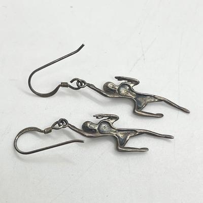 LOT 132: 925 Crawling Humans Sculptural Pierced Earrings and Sterling Pendant on 22" Cord In Unique Box