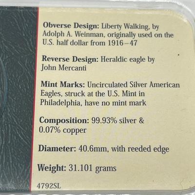 LOT 139: 2001 American Eagle Silver Dollar Coin - .999 Fine Silver - 31.101 grams