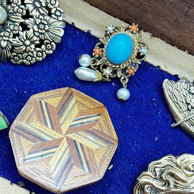 LOT 145: Artisan Brooch/Pin Collection With Unique Carved Wooden Box