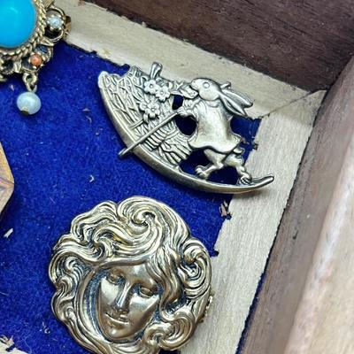 LOT 145: Artisan Brooch/Pin Collection With Unique Carved Wooden Box