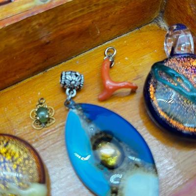 LOT 146: Three Art Glass Pendants, Tiny Jade Pendant, Branch Coral Pendant, Cinnabar Round Pendant and More!