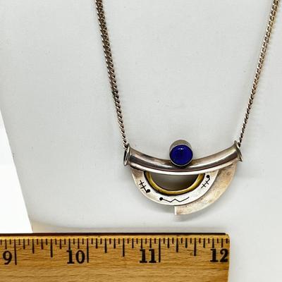 LOT 153: Mid-Century Artisan Modernist Geometric Brooch w/ Lapis Lazuli on 20" Sterling Silver Chain - 925 Italy - 14.9 GTW
