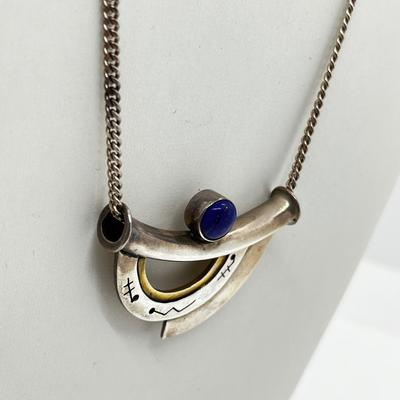 LOT 153: Mid-Century Artisan Modernist Geometric Brooch w/ Lapis Lazuli on 20" Sterling Silver Chain - 925 Italy - 14.9 GTW
