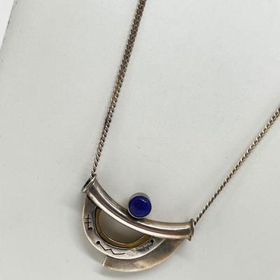 LOT 153: Mid-Century Artisan Modernist Geometric Brooch w/ Lapis Lazuli on 20" Sterling Silver Chain - 925 Italy - 14.9 GTW