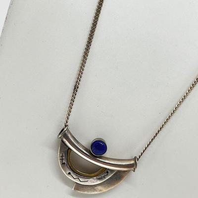 LOT 153: Mid-Century Artisan Modernist Geometric Brooch w/ Lapis Lazuli on 20" Sterling Silver Chain - 925 Italy - 14.9 GTW