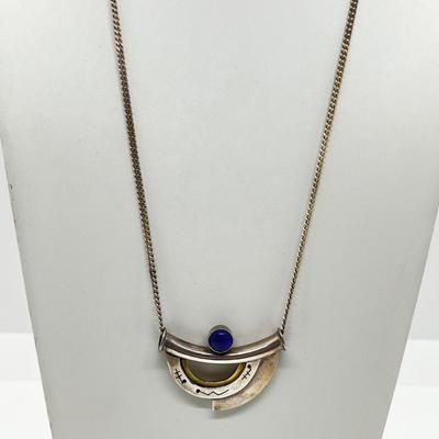 LOT 153: Mid-Century Artisan Modernist Geometric Brooch w/ Lapis Lazuli on 20" Sterling Silver Chain - 925 Italy - 14.9 GTW