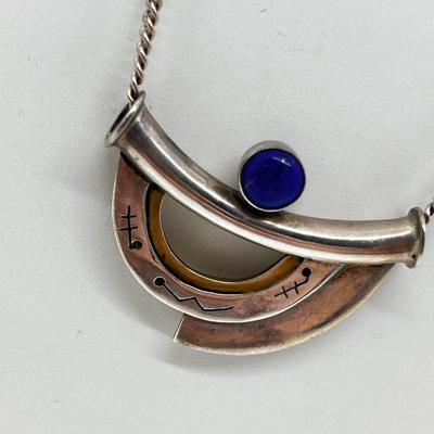 LOT 153: Mid-Century Artisan Modernist Geometric Brooch w/ Lapis Lazuli on 20" Sterling Silver Chain - 925 Italy - 14.9 GTW