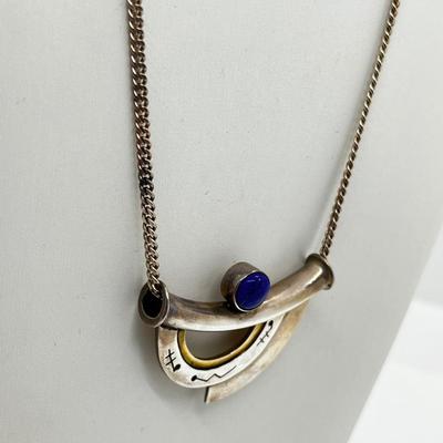 LOT 153: Mid-Century Artisan Modernist Geometric Brooch w/ Lapis Lazuli on 20" Sterling Silver Chain - 925 Italy - 14.9 GTW