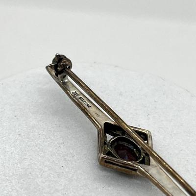 LOT 154: Vintage Signed Sterling Silver Garnet and Marcasite Bar Brooch - 2.4 GTW
