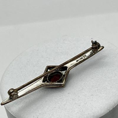 LOT 154: Vintage Signed Sterling Silver Garnet and Marcasite Bar Brooch - 2.4 GTW