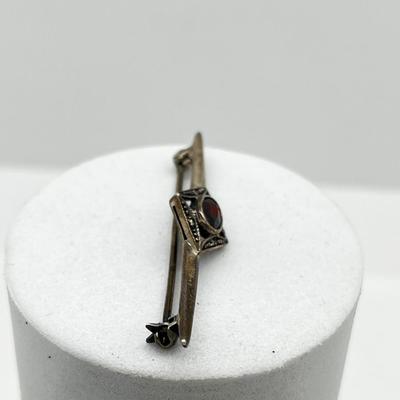 LOT 154: Vintage Signed Sterling Silver Garnet and Marcasite Bar Brooch - 2.4 GTW