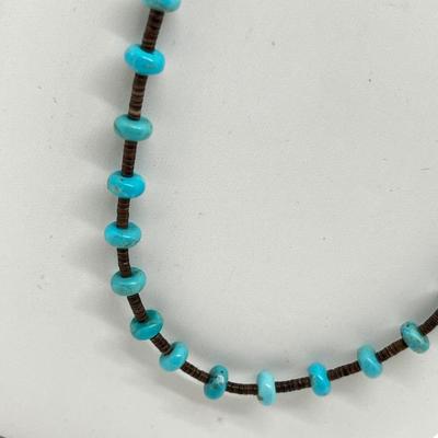 LOT 155: Signed Native American Sterling Silver Cuff Bracelet and 19" Turquoise Nugget Heishi Bead Necklace