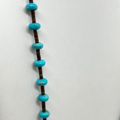 LOT 155: Signed Native American Sterling Silver Cuff Bracelet and 19" Turquoise Nugget Heishi Bead Necklace