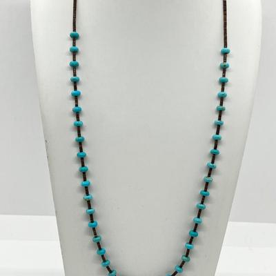 LOT 155: Signed Native American Sterling Silver Cuff Bracelet and 19" Turquoise Nugget Heishi Bead Necklace