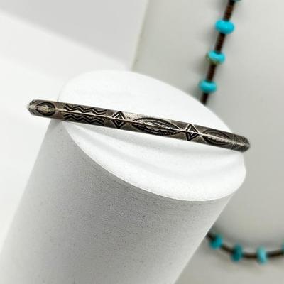 LOT 155: Signed Native American Sterling Silver Cuff Bracelet and 19" Turquoise Nugget Heishi Bead Necklace
