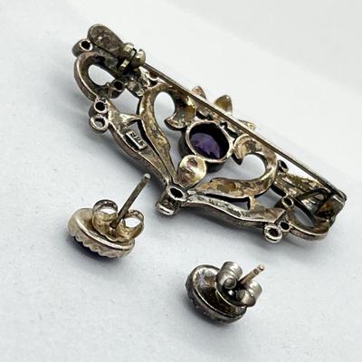 LOT 162: Vintage Sterling Silver Artist-Signed Marcasite Brooch and Amethyst Pierced Earrings - 7.6 GTW