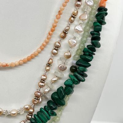 LOT 164: Freshwater Pearl & Quarts 17" Necklace and Matching Earrings, Malachite and Coral 19" Necklace and JAde Bead...