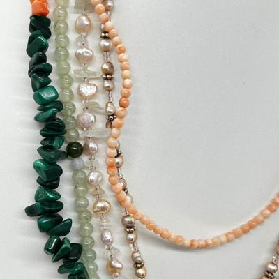 LOT 164: Freshwater Pearl & Quarts 17" Necklace and Matching Earrings, Malachite and Coral 19" Necklace and JAde Bead...