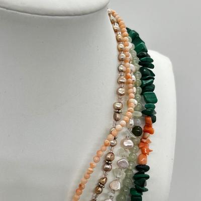 LOT 164: Freshwater Pearl & Quarts 17" Necklace and Matching Earrings, Malachite and Coral 19" Necklace and JAde Bead...