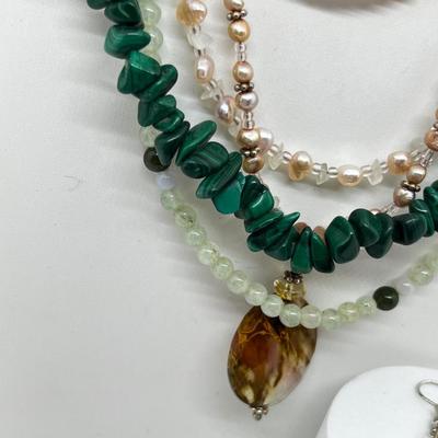 LOT 164: Freshwater Pearl & Quarts 17" Necklace and Matching Earrings, Malachite and Coral 19" Necklace and JAde Bead...