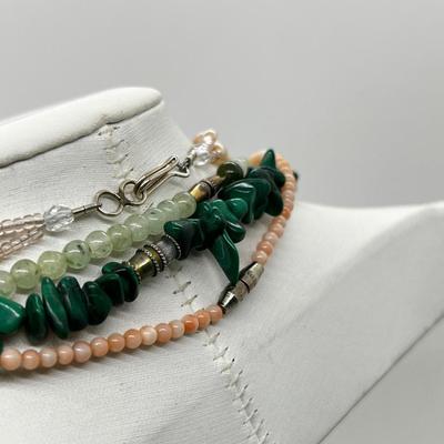 LOT 164: Freshwater Pearl & Quarts 17" Necklace and Matching Earrings, Malachite and Coral 19" Necklace and JAde Bead...