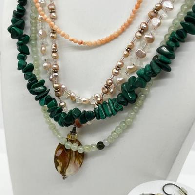 LOT 164: Freshwater Pearl & Quarts 17" Necklace and Matching Earrings, Malachite and Coral 19" Necklace and JAde Bead...