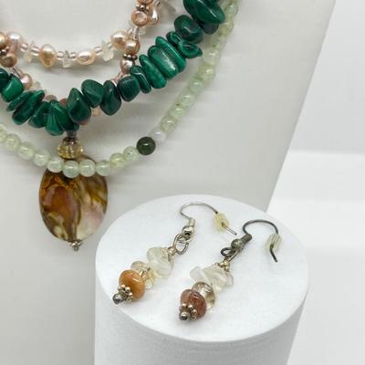 LOT 164: Freshwater Pearl & Quarts 17" Necklace and Matching Earrings, Malachite and Coral 19" Necklace and JAde Bead...