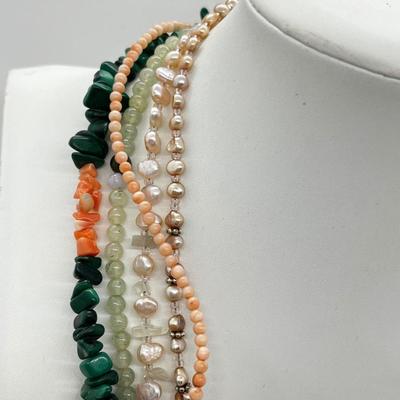 LOT 164: Freshwater Pearl & Quarts 17" Necklace and Matching Earrings, Malachite and Coral 19" Necklace and JAde Bead...